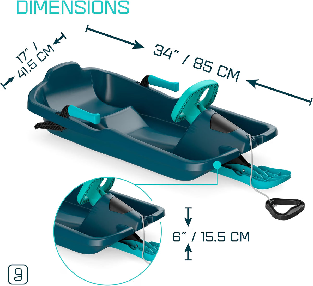 Kids' Toboggan Snow Sled, Lightweight Plastic, Tow Strap & Brakes