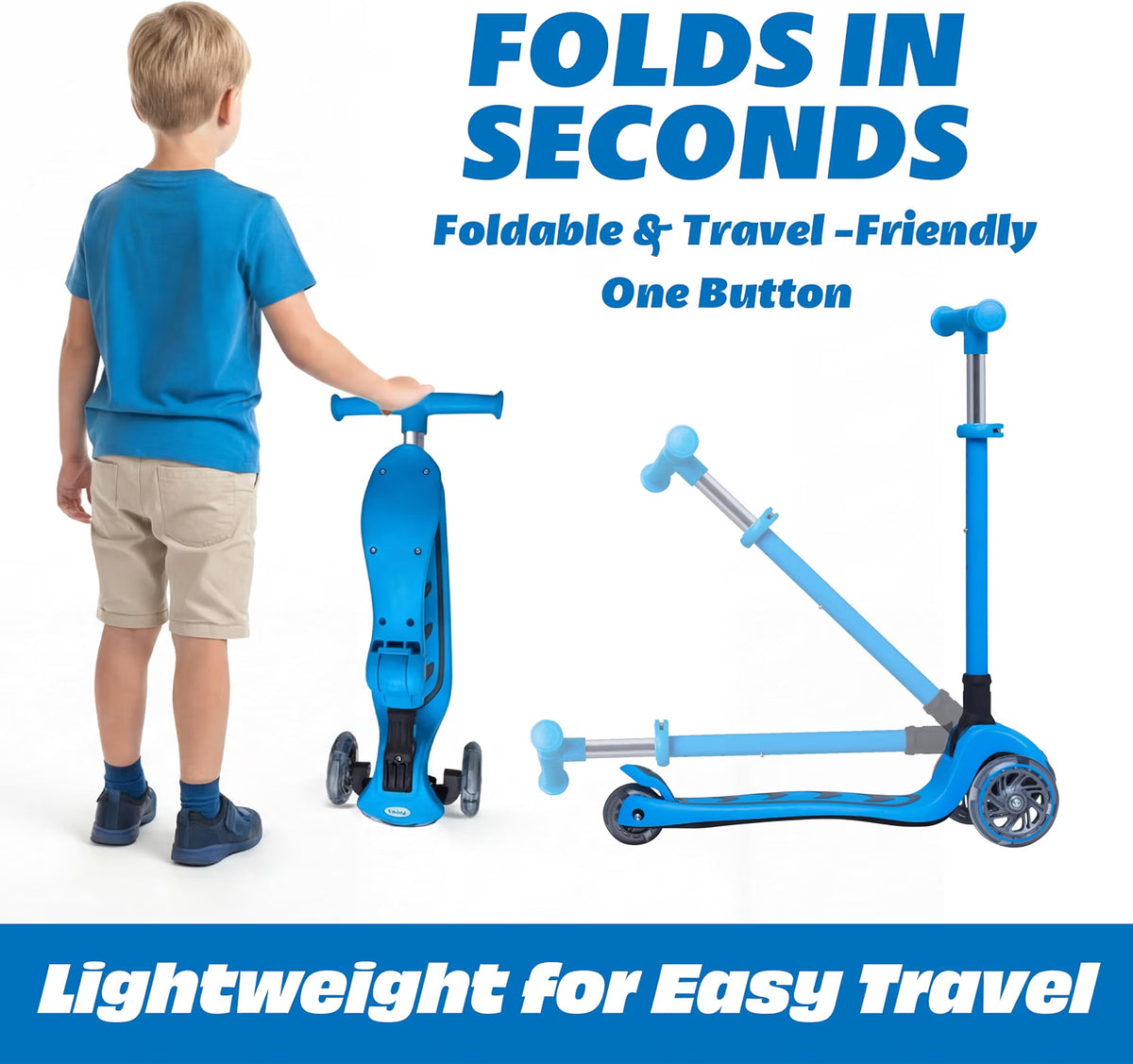 SKIDEE Kids 3-Wheel Scooter, Foldable, Adjustable Height, LED Wheels