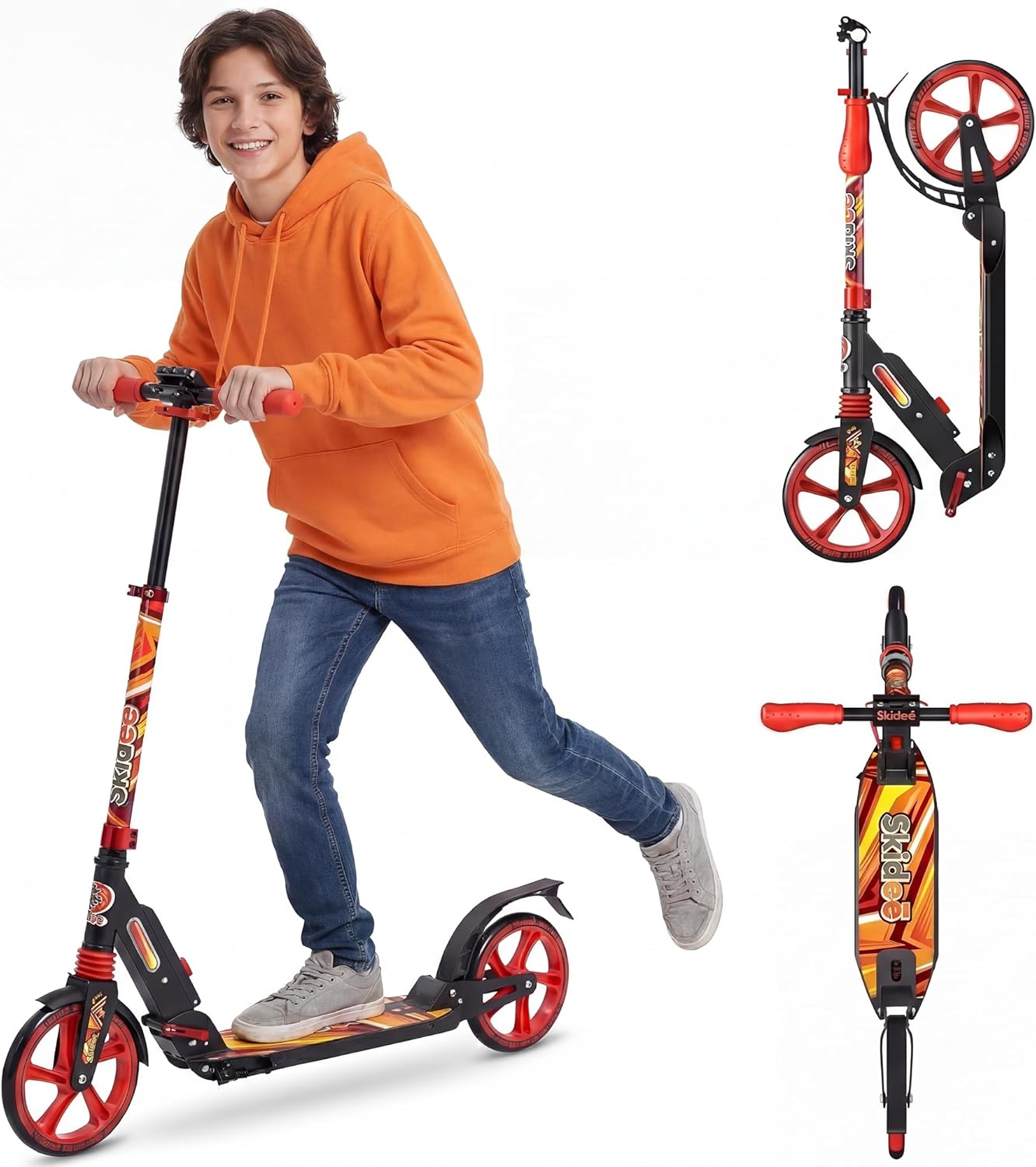 Skidee Adult & Teen Scooter Adjustable Height, Folding, Large Wheels, Lightweight, Durable, Anti-Shock Suspension, Up to 220 lbs