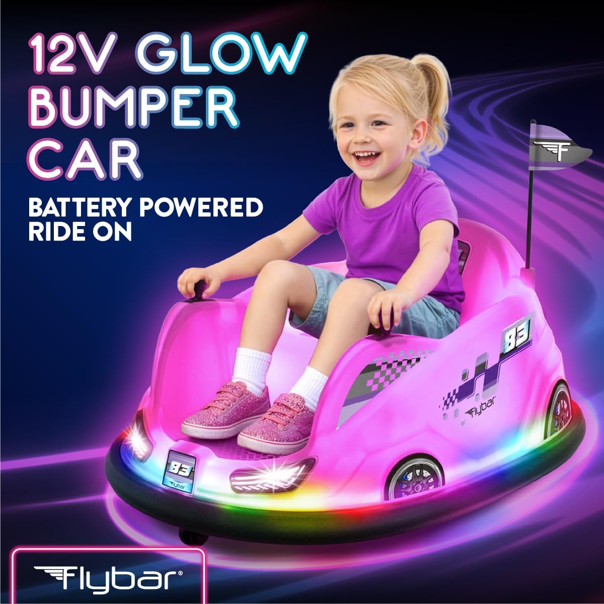 12V Glow Bumper Car Ride On Toy - Multi-Color LED Lights, Age 4-9yrs