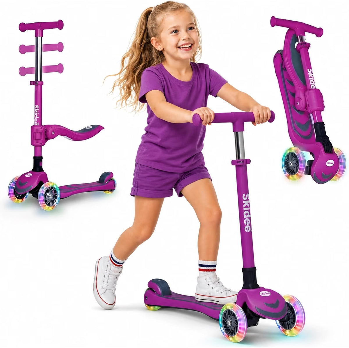 SKIDEE Kids 3-Wheel Scooter, Foldable, Adjustable Height, LED Wheels