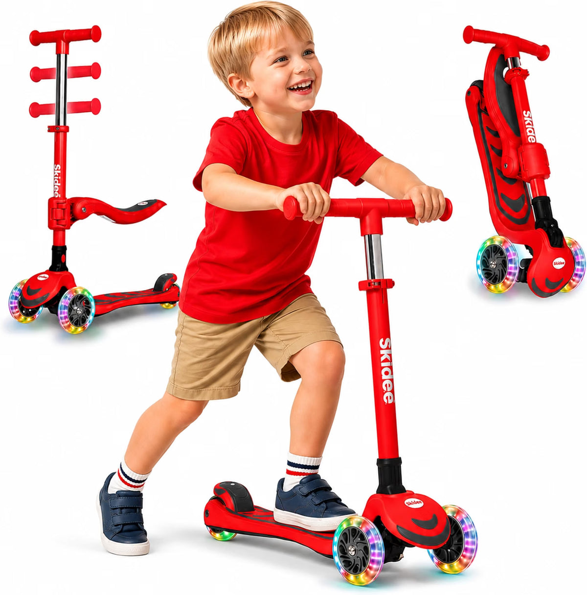 SKIDEE Kids 3-Wheel Scooter, Foldable, Adjustable Height, LED Wheels