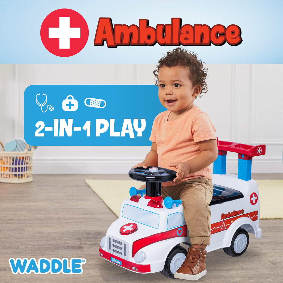 Waddle Ambulance Ride-On Toy for Toddlers 1-3, Doctor Kit, Lights & Sound, 44lb Capacity