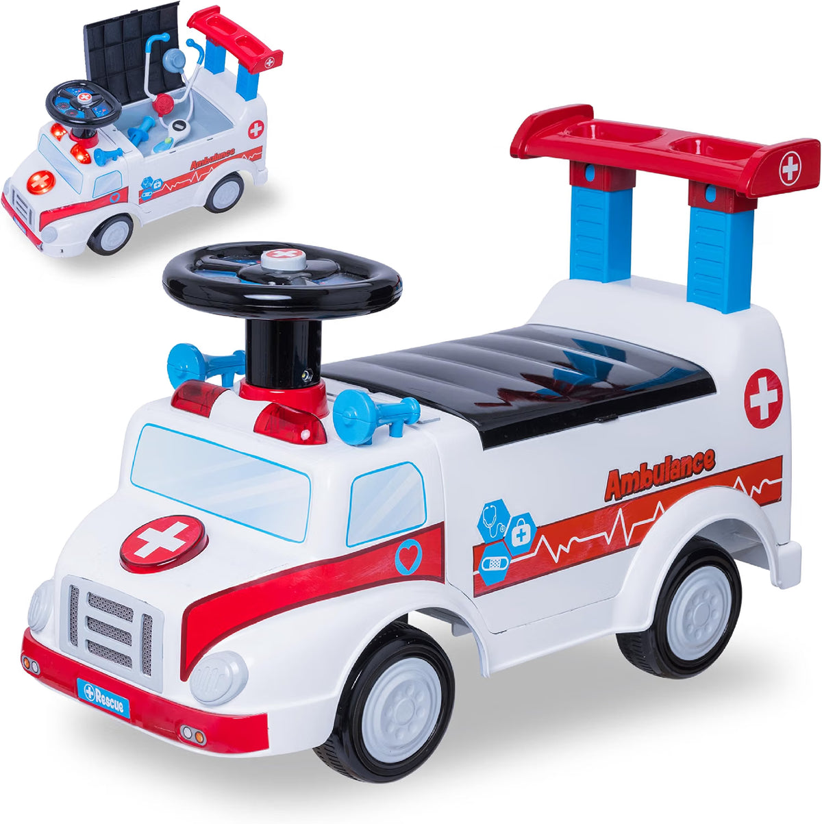 Waddle Ambulance Ride-On Toy for Toddlers 1-3, Doctor Kit, Lights & Sound, 44lb Capacity