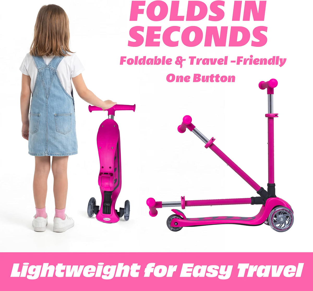 SKIDEE Kids 3-Wheel Scooter, Foldable, Adjustable Height, LED Wheels