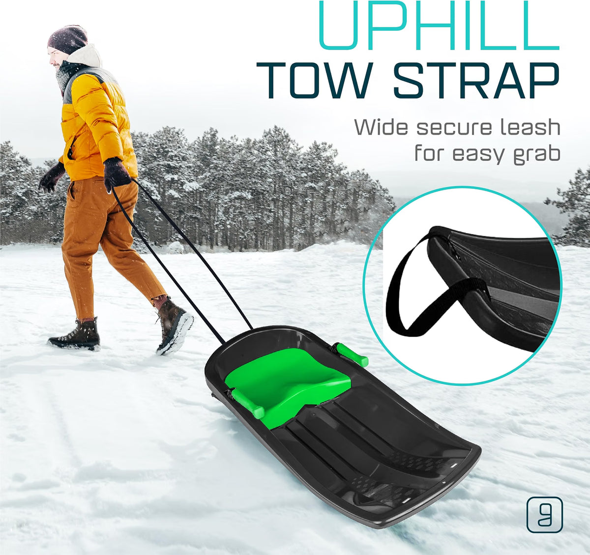 Kids' Toboggan Sled, Lightweight Plastic Snow Sled with Tow Strap & Brakes