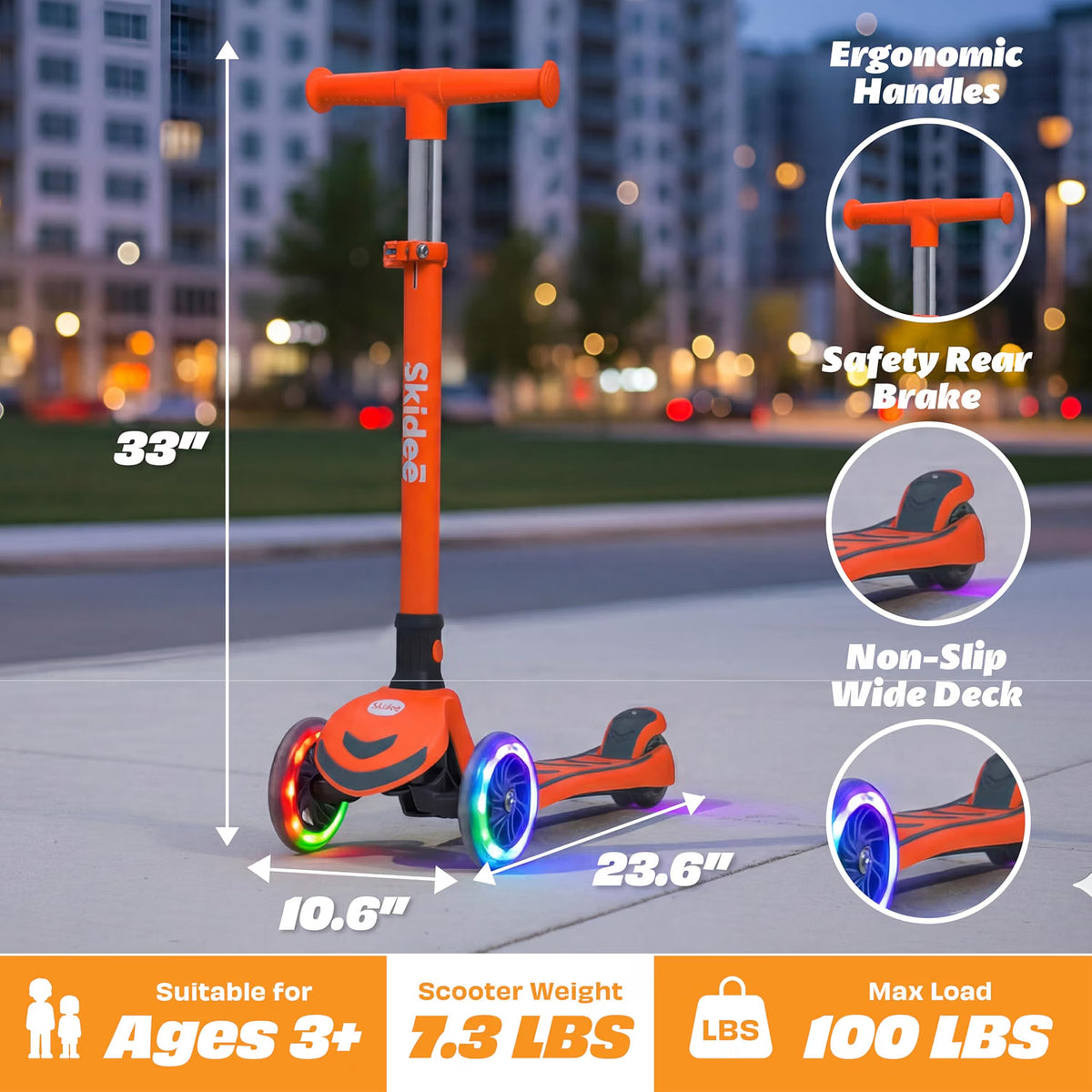 SKIDEE Kids 3-Wheel Scooter, Foldable, Adjustable Height, LED Wheels