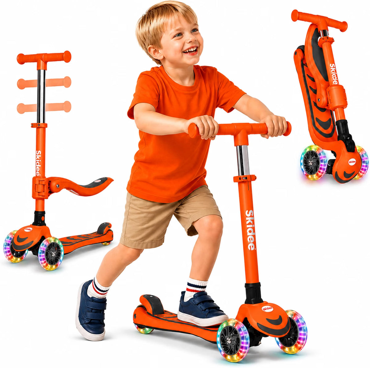 SKIDEE Kids 3-Wheel Scooter, Foldable, Adjustable Height, LED Wheels