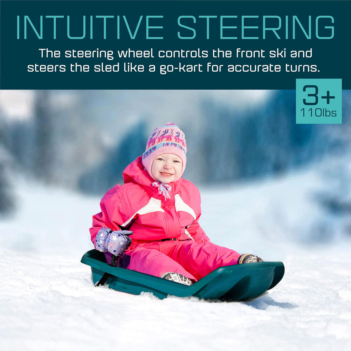 Kids' Toboggan Snow Sled, Lightweight Plastic, Tow Strap & Brakes