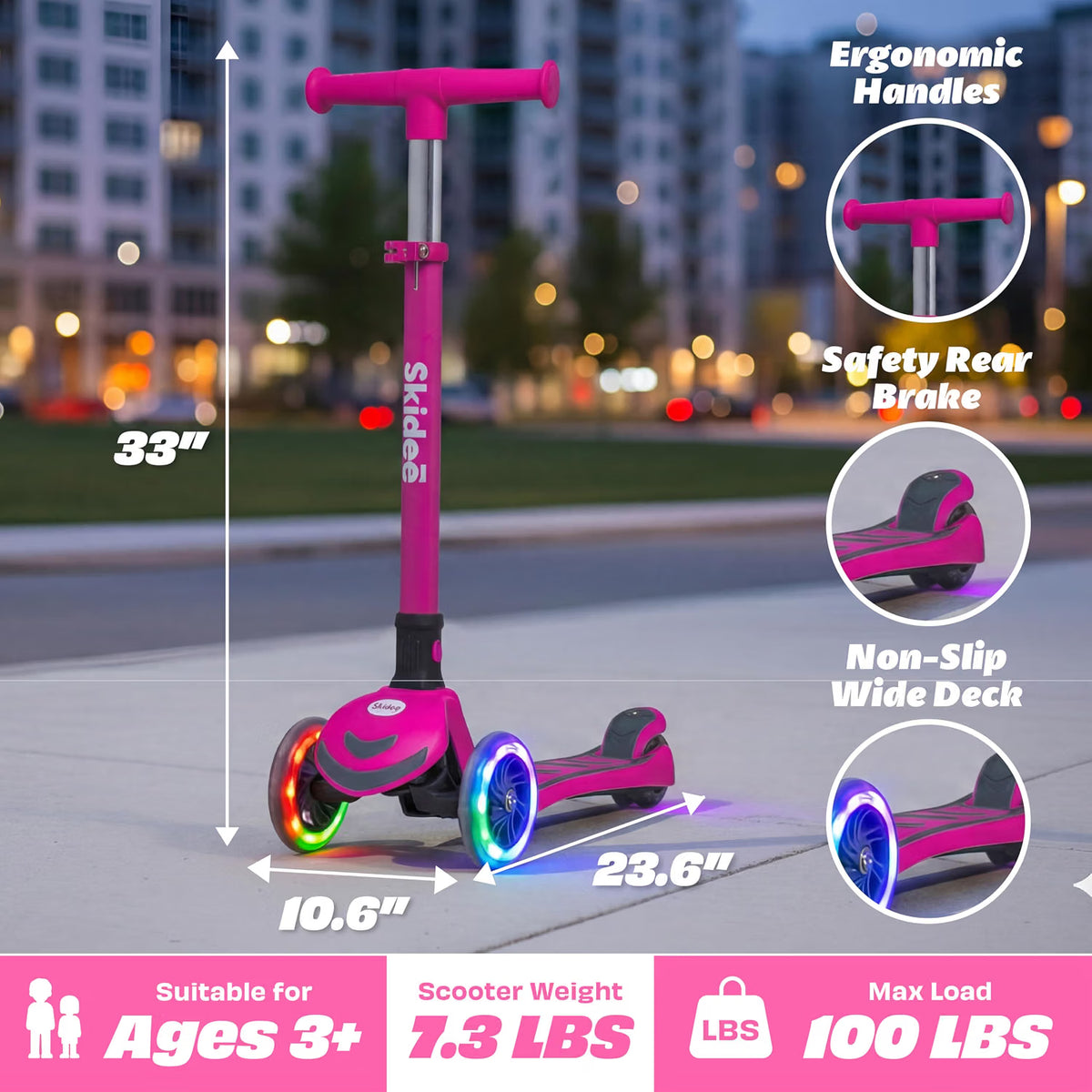 SKIDEE Kids 3-Wheel Scooter, Foldable, Adjustable Height, LED Wheels