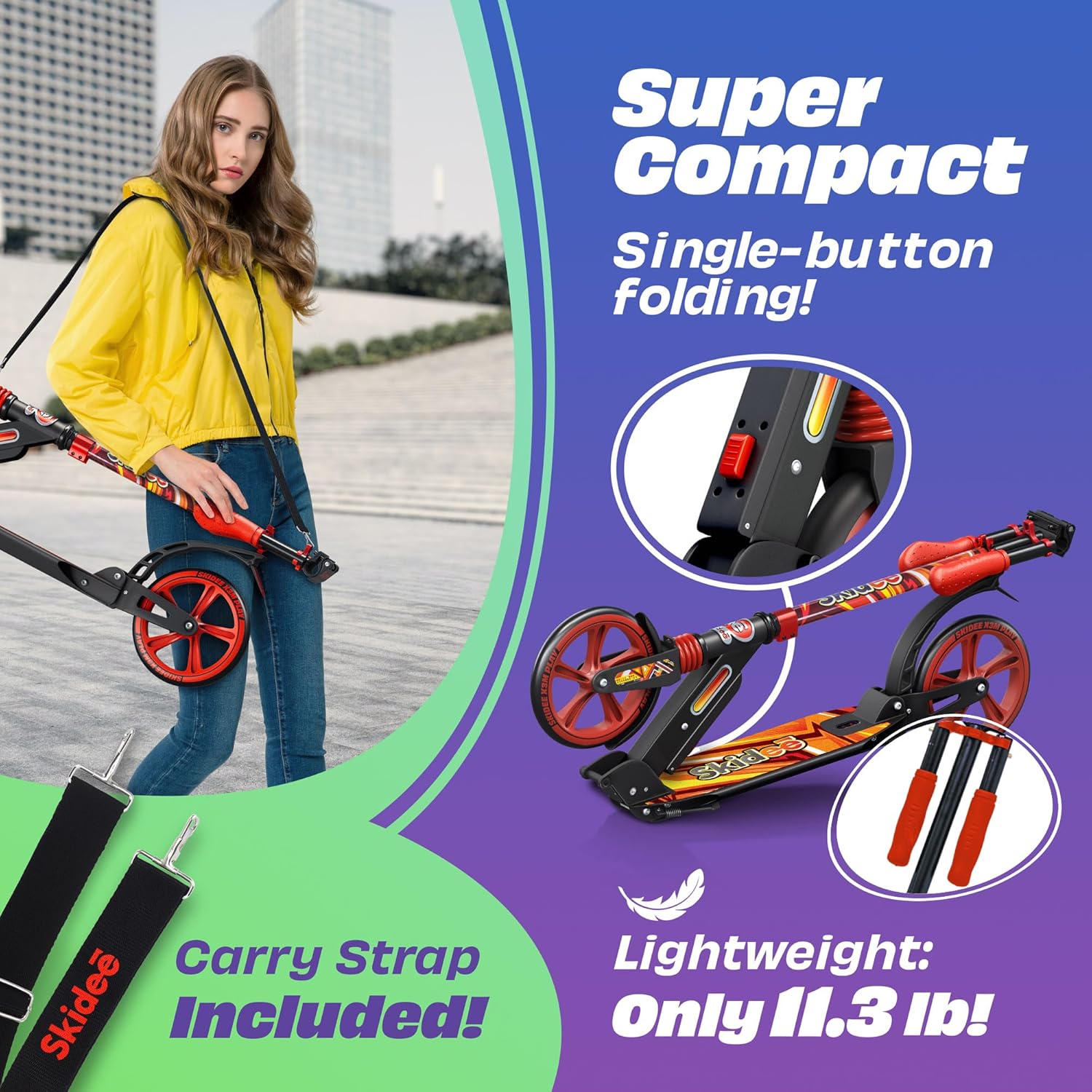 Skidee Adult & Teen Scooter Adjustable Height, Folding, Large Wheels, Lightweight, Durable, Anti-Shock Suspension, Up to 220 lbs