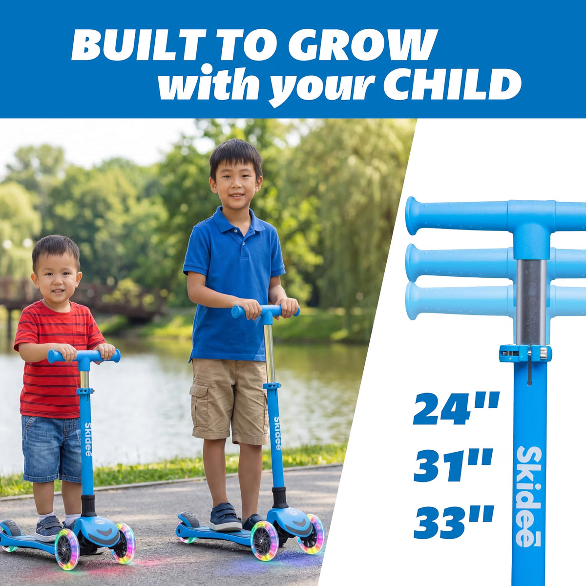 SKIDEE Kids 3-Wheel Scooter, Foldable, Adjustable Height, LED Wheels