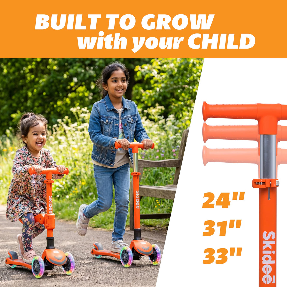SKIDEE Kids 3-Wheel Scooter, Foldable, Adjustable Height, LED Wheels