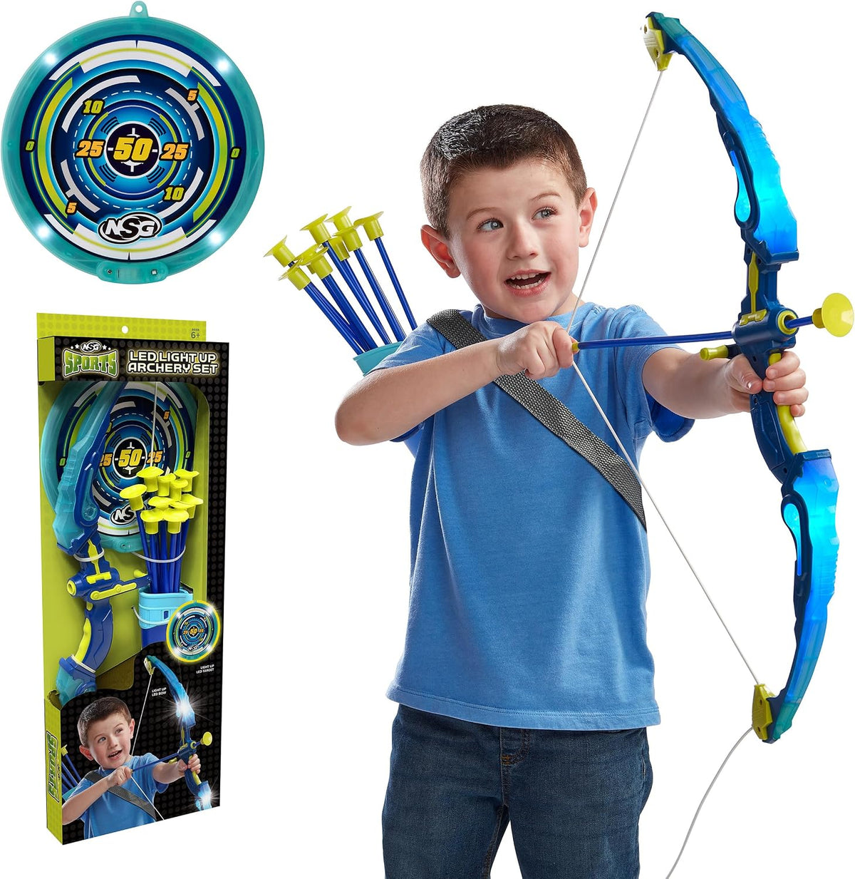 LED Light-Up Archery Bow & Arrow Set, 10 Suction Cup Arrows, LED Target, Ages 6+