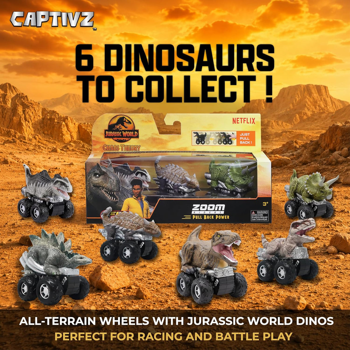 Jurassic World Chaos Theory Zoom Riders 3 Mystery Dinosaur Toys for Kids 3+