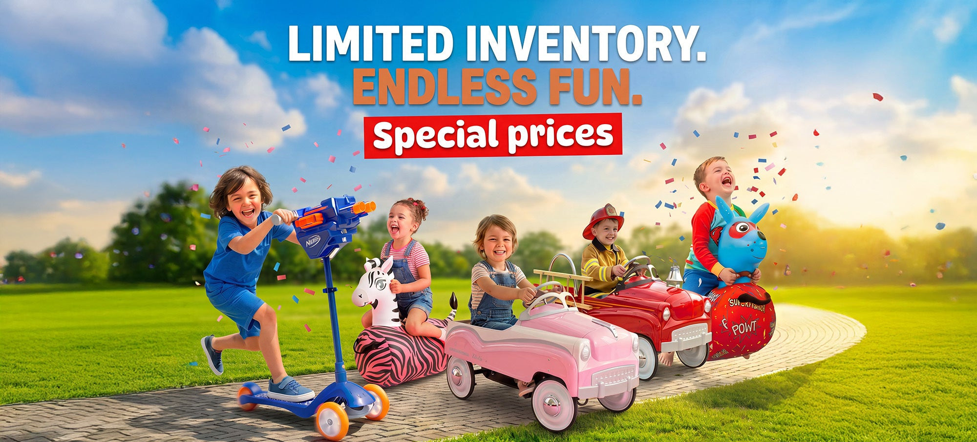 A promotional outdoor scene showing children playing with a toy train set in a grassy park. The set includes a pink toy car, a red toy train, a blue toy scooter, and a zebra toy, with children riding and pushing them.