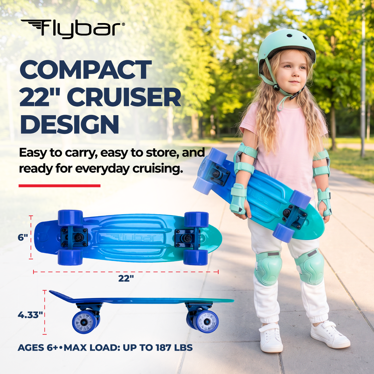 Flybar 22 Inch Kids Skateboard – Mini Cruiser Skateboards for Kids Ages 6-12, Outdoor Toys, Lightweight, Durable, Non-Slip Deck, ABEC-7 Bearings, Holds up to 175 lbs