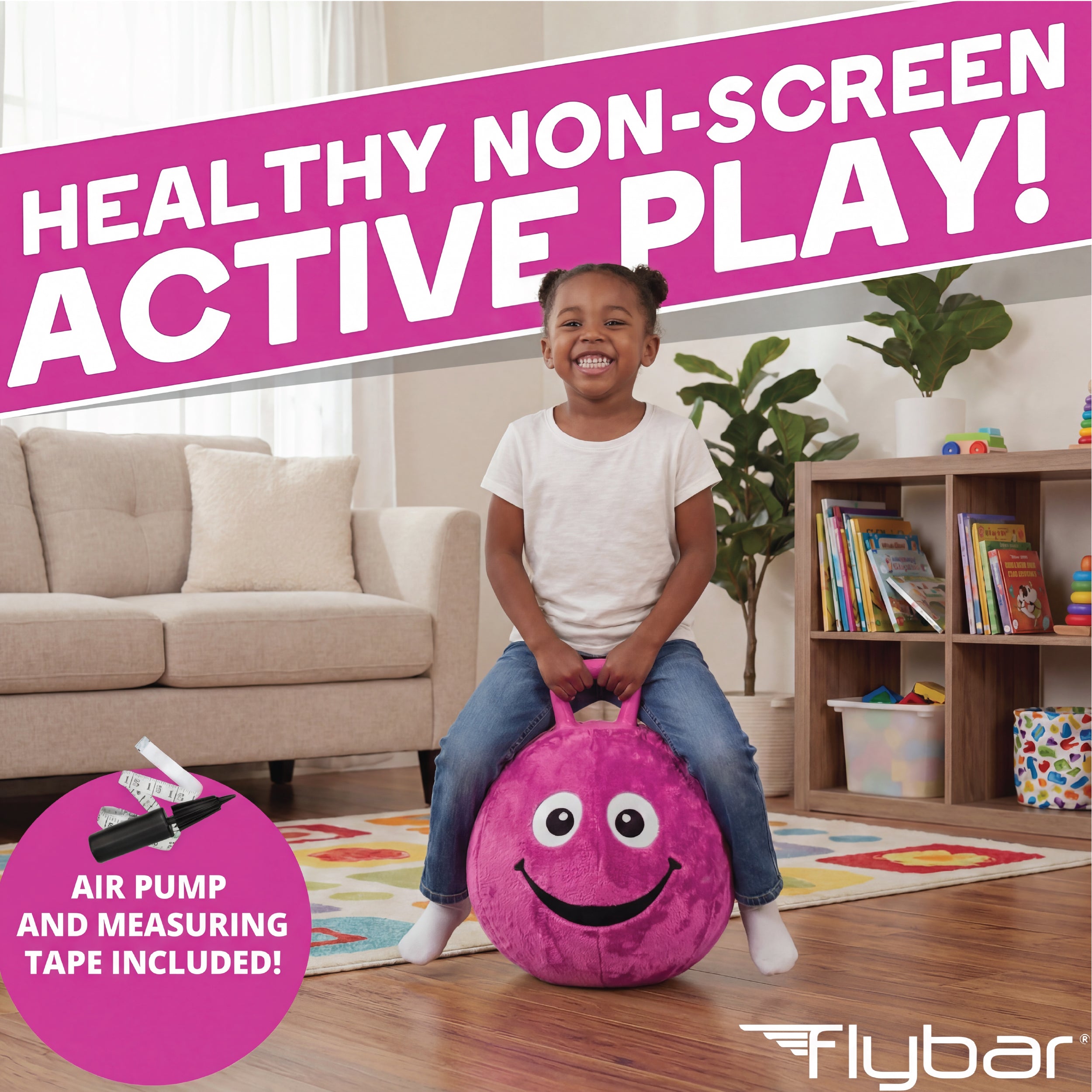Flybar Hopper Ball for Kids, Plush Inflatable Hippity Hop Bounce Ball w/ Handle, Ages 6+