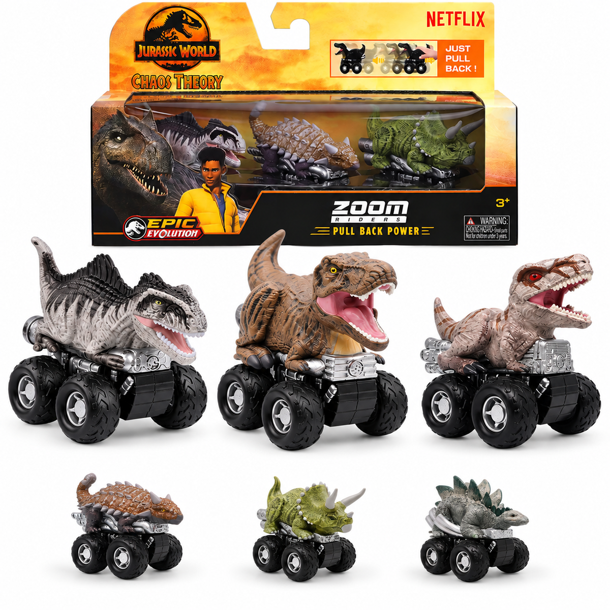 Jurassic World Chaos Theory Zoom Riders 3 Mystery Dinosaur Toys for Kids 3+