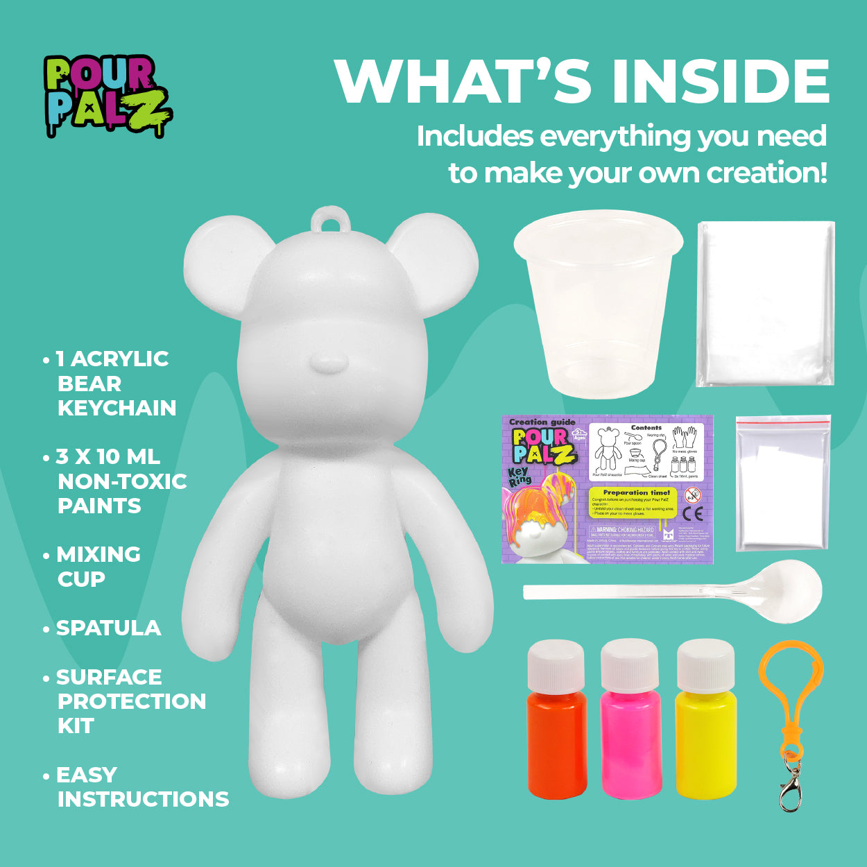 Pour Palz Mini Paint Bear Keychain Pouring Craft DIY Kit, Design Your Own Personalized Bear Keepsake