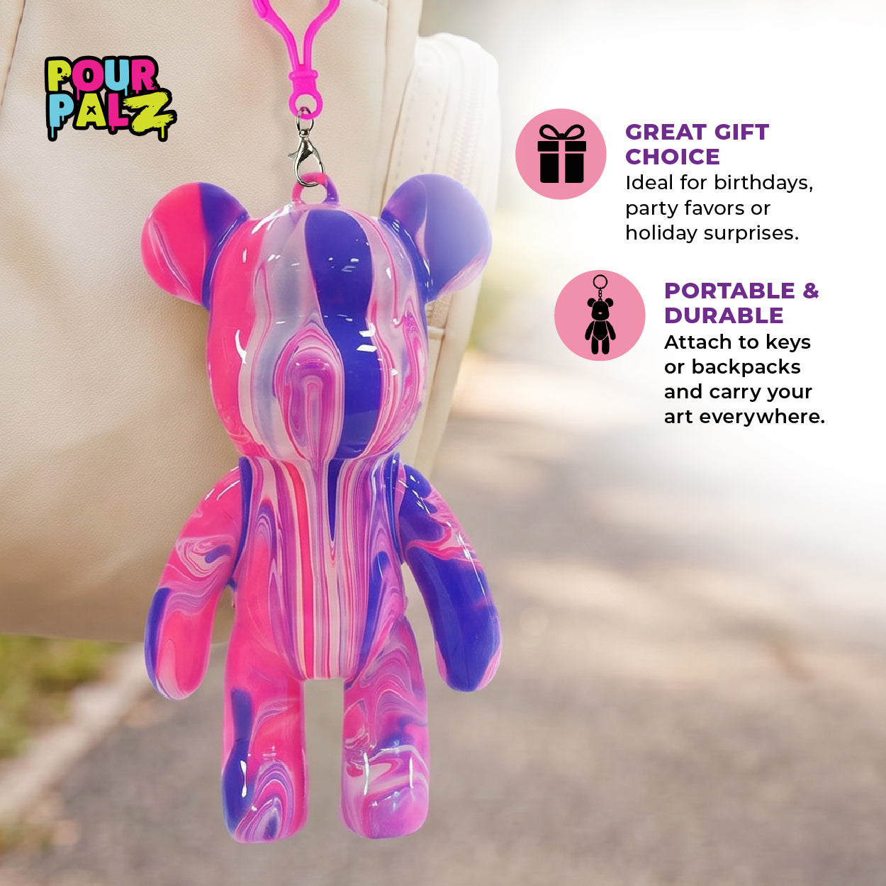 Pour Palz Mini Paint Bear Keychain Pouring Craft DIY Kit, Design Your Own Personalized Bear Keepsake