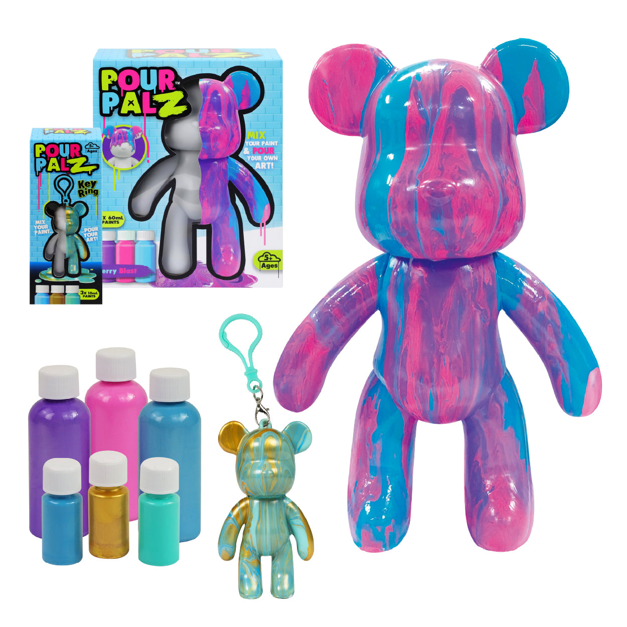Pour Palz Mini Paint Bear Keychain Pouring Craft DIY Kit, Design Your Own Personalized Bear Keepsake