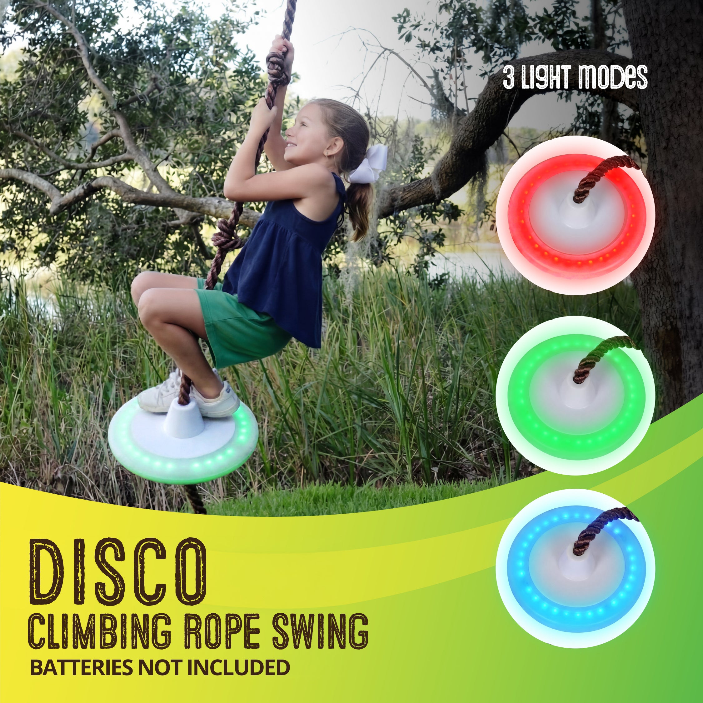 Swurfer Disco Tree Swing with LED Lights - Swing Sets for Backyard, Outdoor Swing, Swingset Outdoor for Kids, Easy Installation, Up to 200lbs
