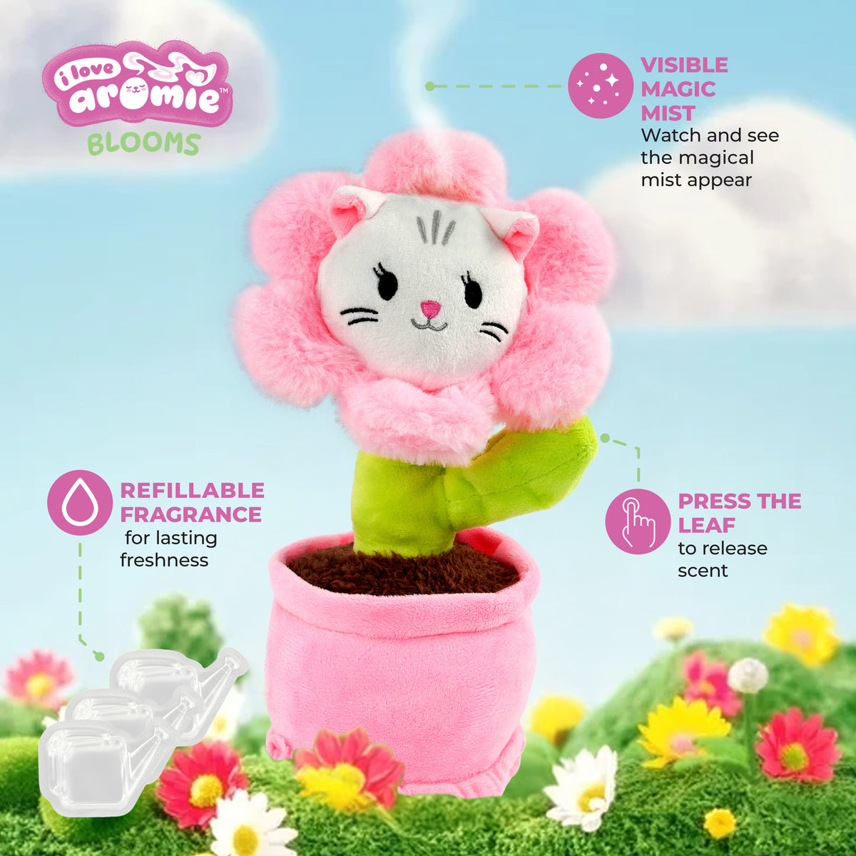 I love Aromie Blooms Potted Flower Stuffed Animal, Plush Toy with Visible Mist & Refillable Scent Pods