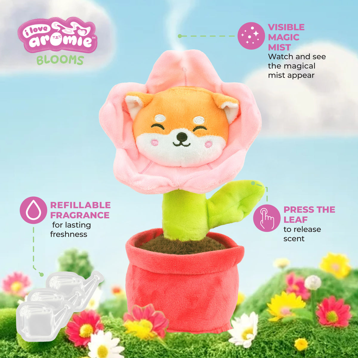 I love Aromie Blooms Potted Flower Stuffed Animal, Plush Toy with Visible Mist & Refillable Scent Pods