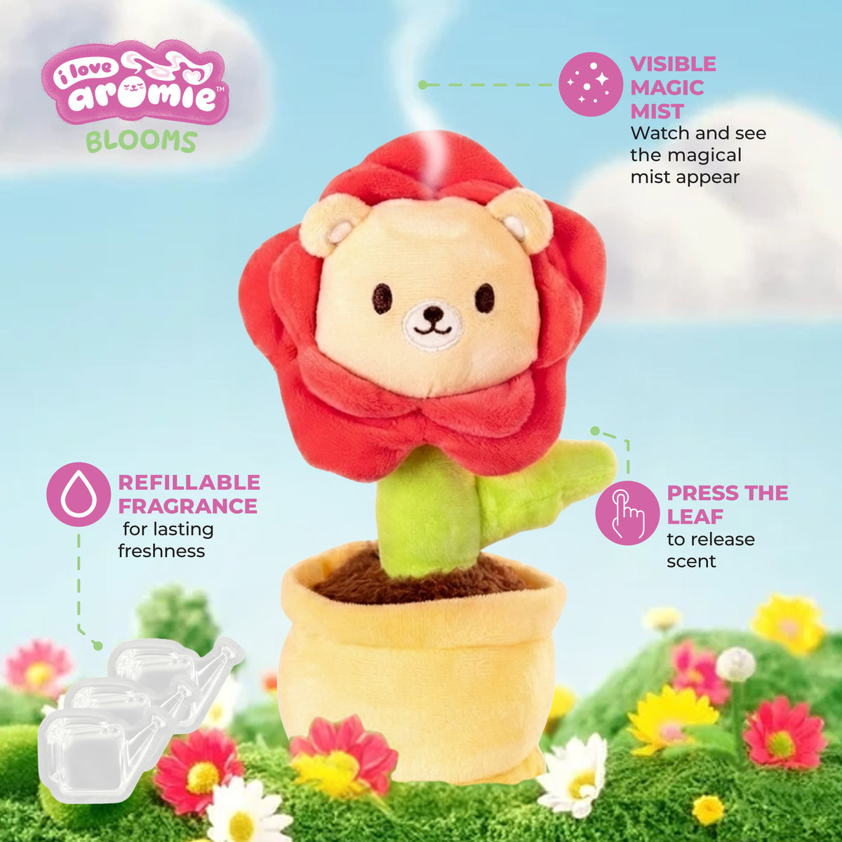 I love Aromie Blooms Potted Flower Stuffed Animal, Plush Toy with Visible Mist & Refillable Scent Pods