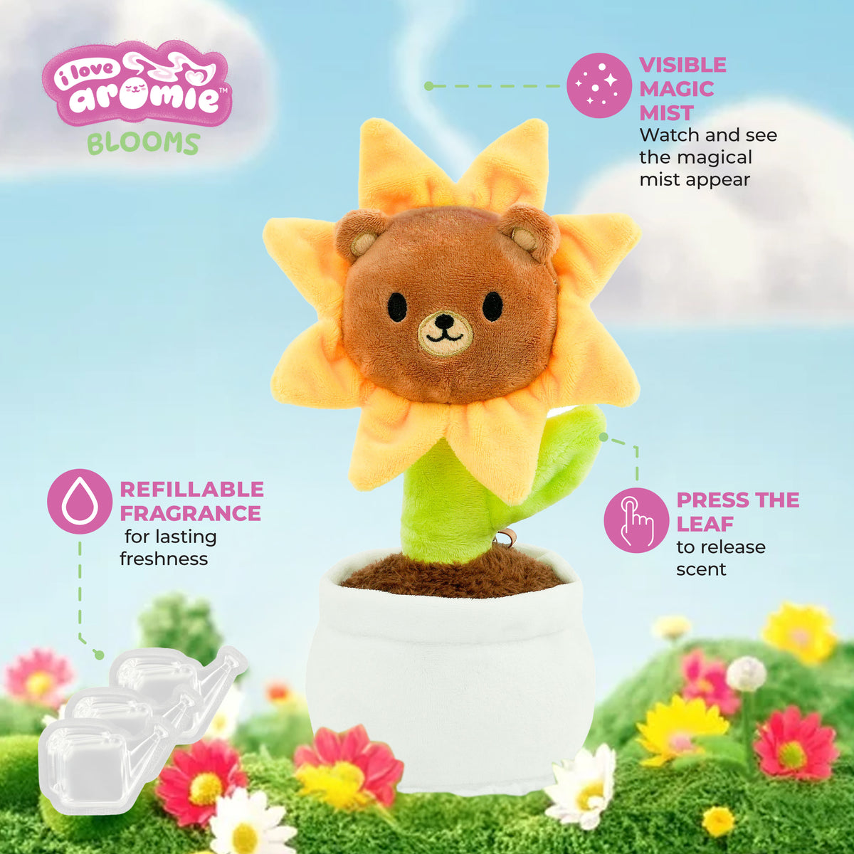 I love Aromie Blooms Potted Flower Stuffed Animal, Plush Toy with Visible Mist & Refillable Scent Pods