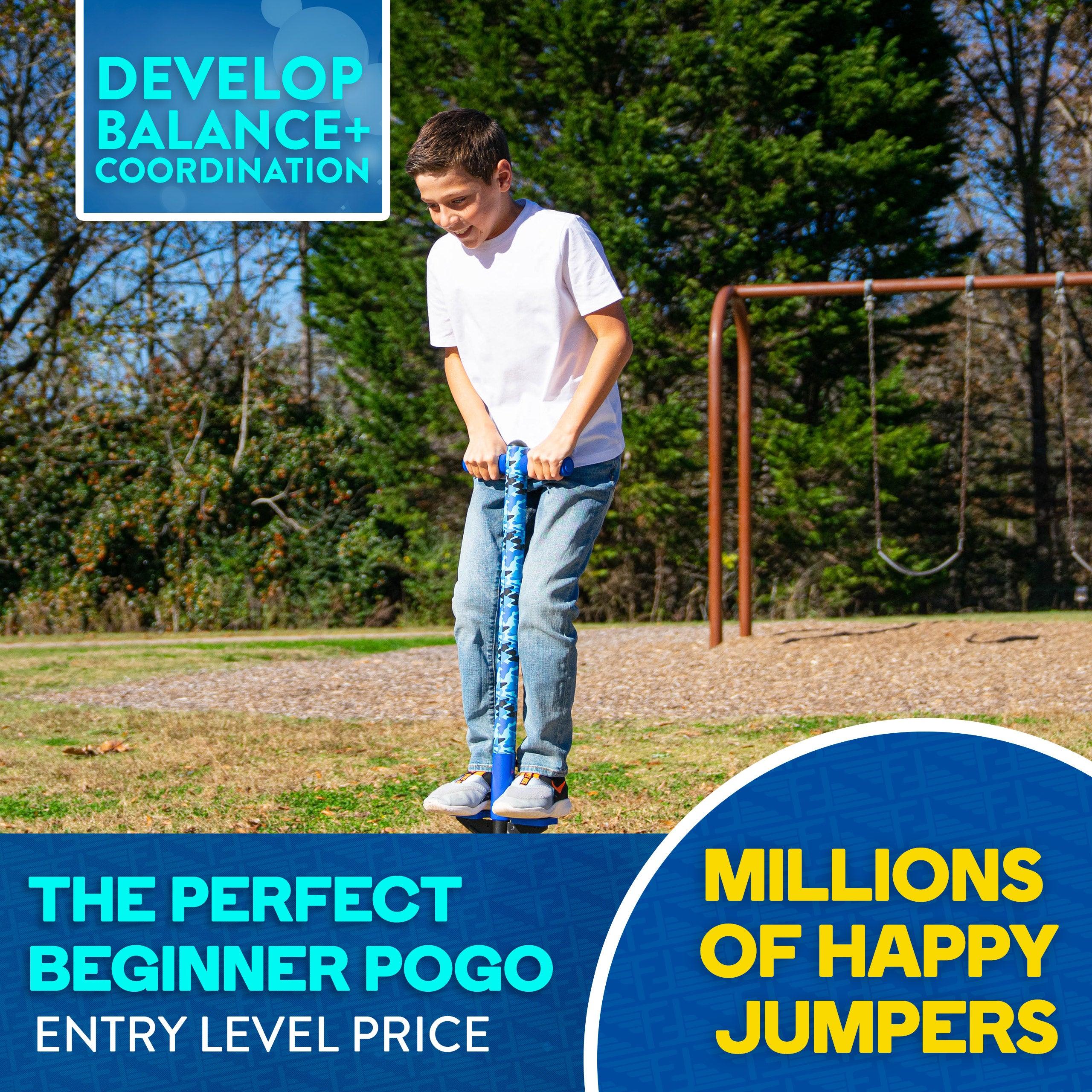 Flybar Foam Jolt Pogo Stick for Kids Ages 6+, 4 to 8 Pounds, Perfect for Beginners (Blue Camo) - Flybar1