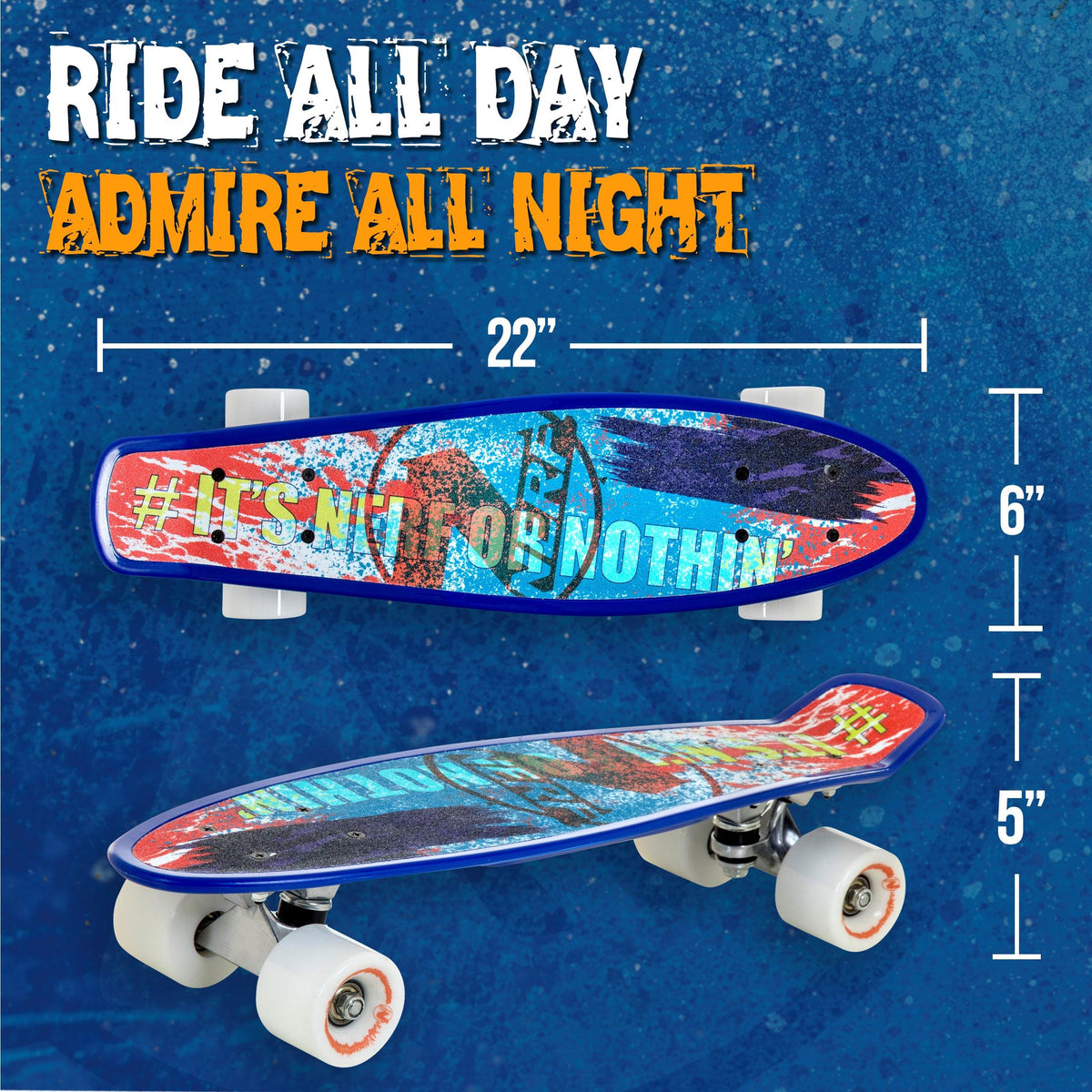 Flybar 22 Inch Complete Plastic Cruiser Skateboard Custom Non-Slip Deck Multiple Colors (NERF Blue) - Flybar1