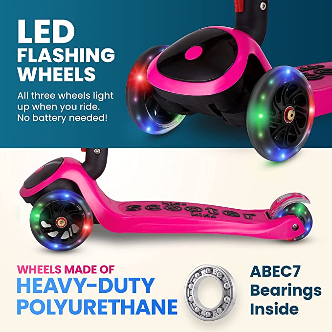 Y200 Kick Scooters for Kids Ages 3-5 (Suitable for 2-12 Year Old) Adjustable Height Foldable Scooter Removable Seat, 3 LED Light Wheels, Rear Brake, Wide Standing Board, Outdoor Activities for Boys/Girls