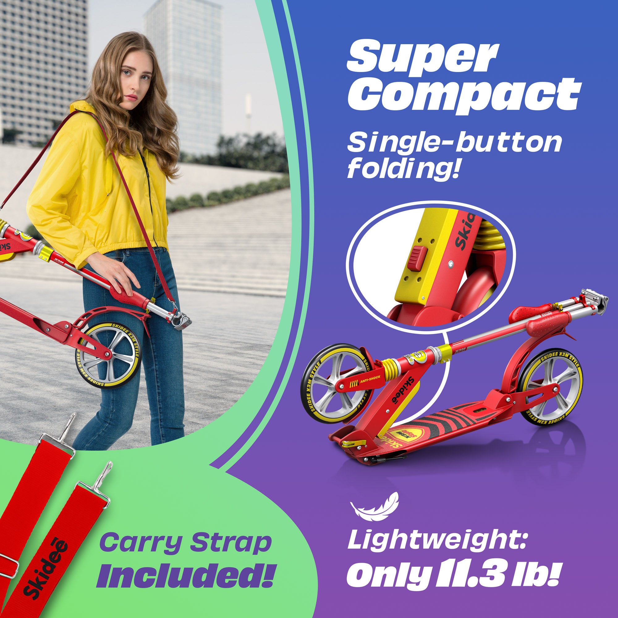 X3M Scooter for Kids Ages 6-12 - Scooters for Teens 12 Years and Up - Adult Scooter with Anti-Shock Suspension - Scooter for Kids 8 Years and Up with 4 Adjustment Levels Handlebar Up to 41 Inches High