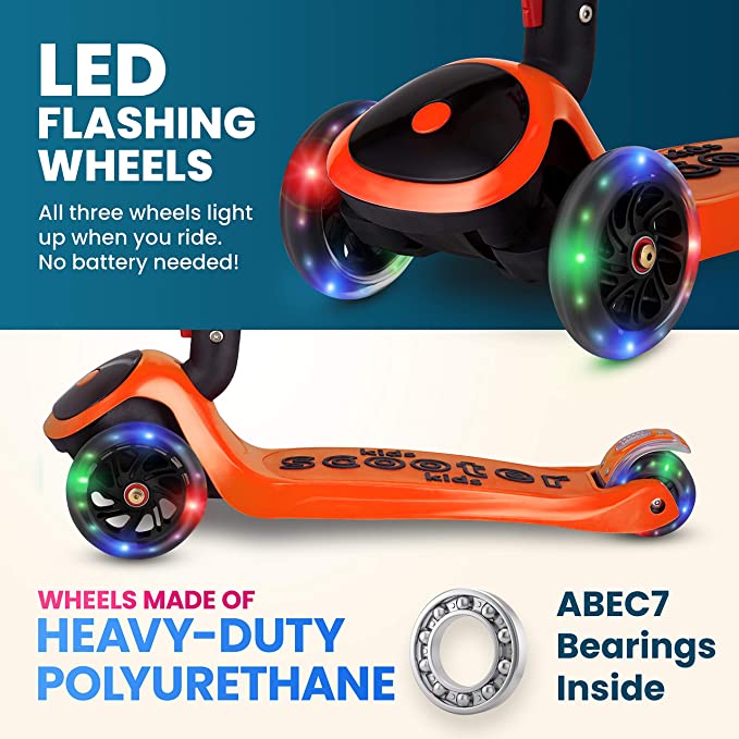 Y200 Kick Scooters for Kids Ages 3-5 (Suitable for 2-12 Year Old) Adjustable Height Foldable Scooter Removable Seat, 3 LED Light Wheels, Rear Brake, Wide Standing Board, Outdoor Activities for Boys/Girls