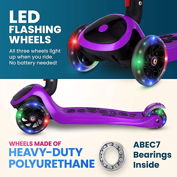 Y200 Kick Scooters for Kids Ages 3-5 (Suitable for 2-12 Year Old) Adjustable Height Foldable Scooter Removable Seat, 3 LED Light Wheels, Rear Brake, Wide Standing Board, Outdoor Activities for Boys/Girls