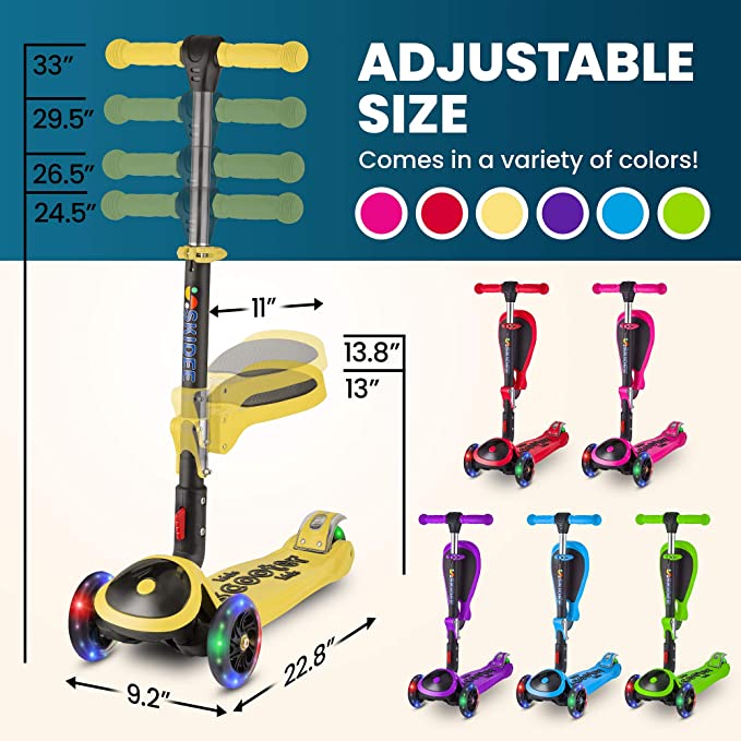 Y200 Kick Scooters for Kids Ages 3-5 (Suitable for 2-12 Year Old) Adjustable Height Foldable Scooter Removable Seat, 3 LED Light Wheels, Rear Brake, Wide Standing Board, Outdoor Activities for Boys/Girls