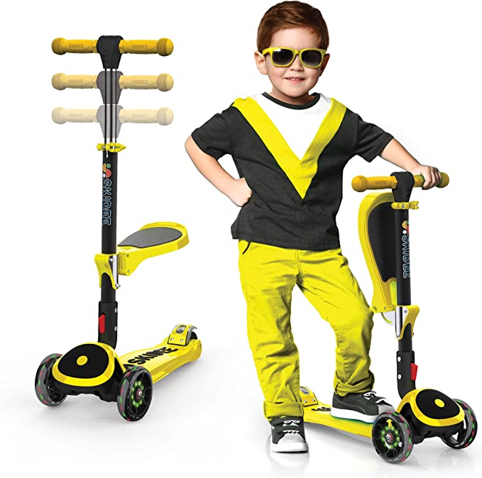 Y200 Kick Scooters for Kids Ages 3-5 (Suitable for 2-12 Year Old) Adjustable Height Foldable Scooter Removable Seat, 3 LED Light Wheels, Rear Brake, Wide Standing Board, Outdoor Activities for Boys/Girls