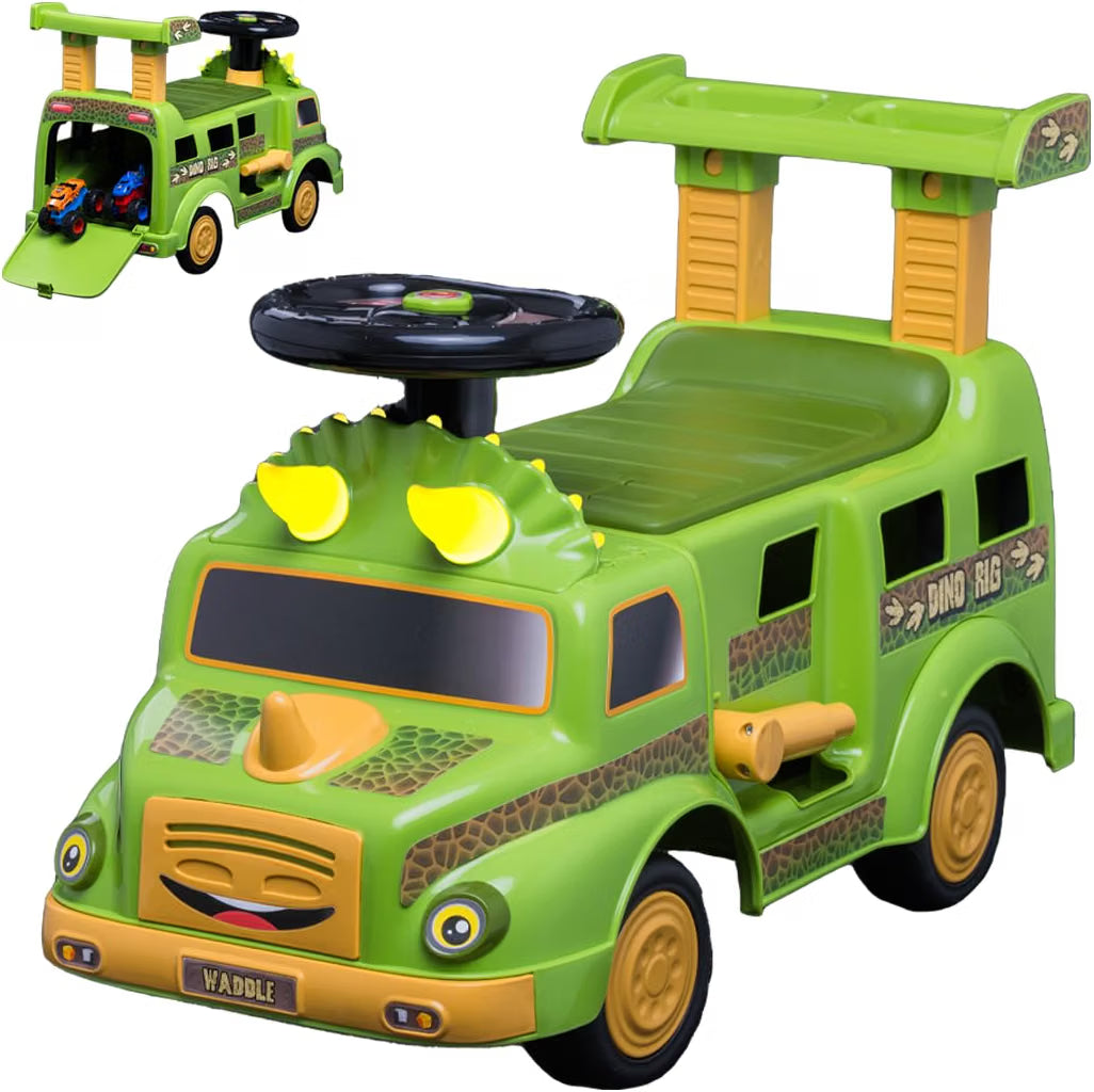 Waddle Dinosaur Ride-On Car for Toddlers 1-3, Dino Rig Transporter, Lights & Sound, 44lb Capacity