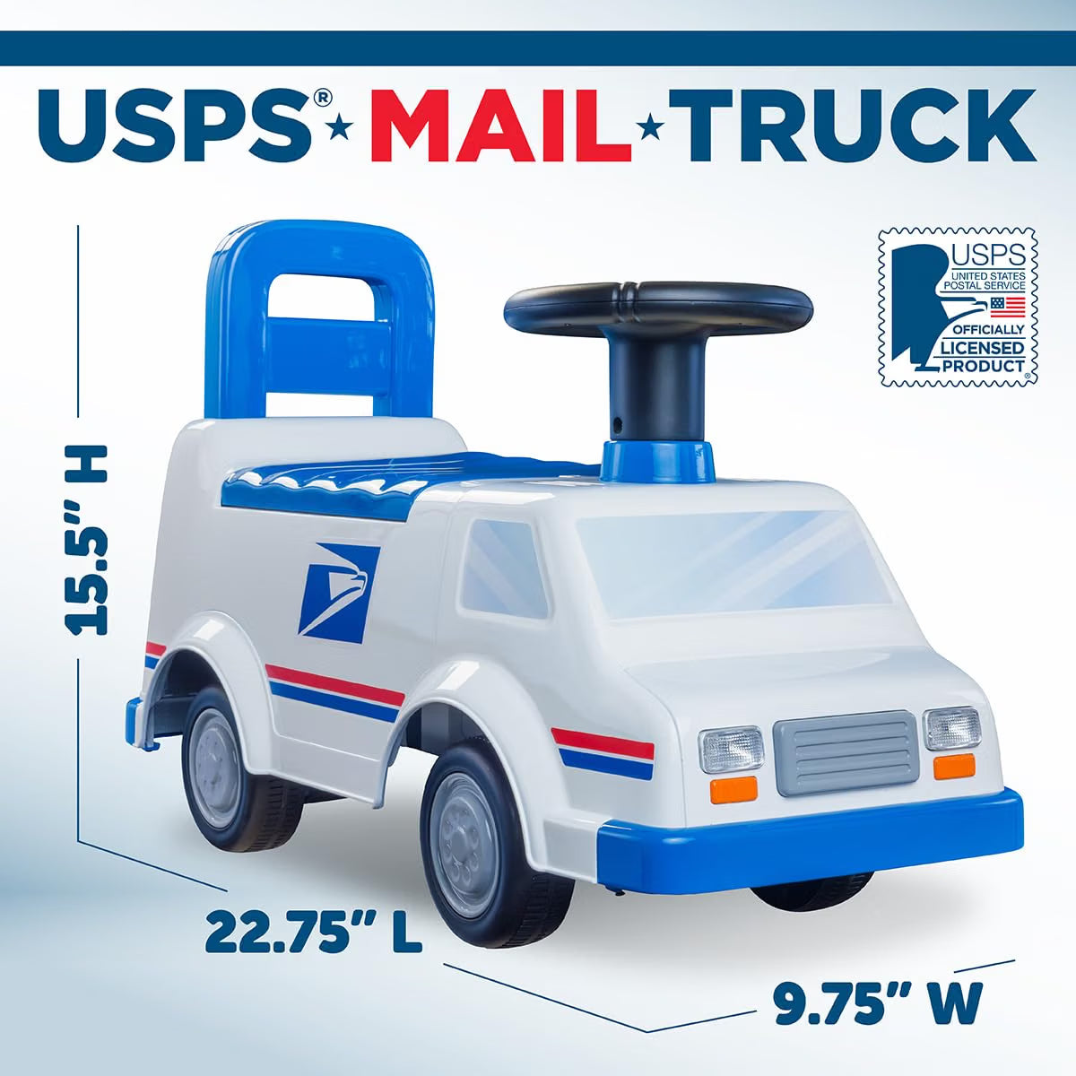 Waddle USPS Mail Truck Ride-On Toy, Lights & Sounds, 44lb Capacity