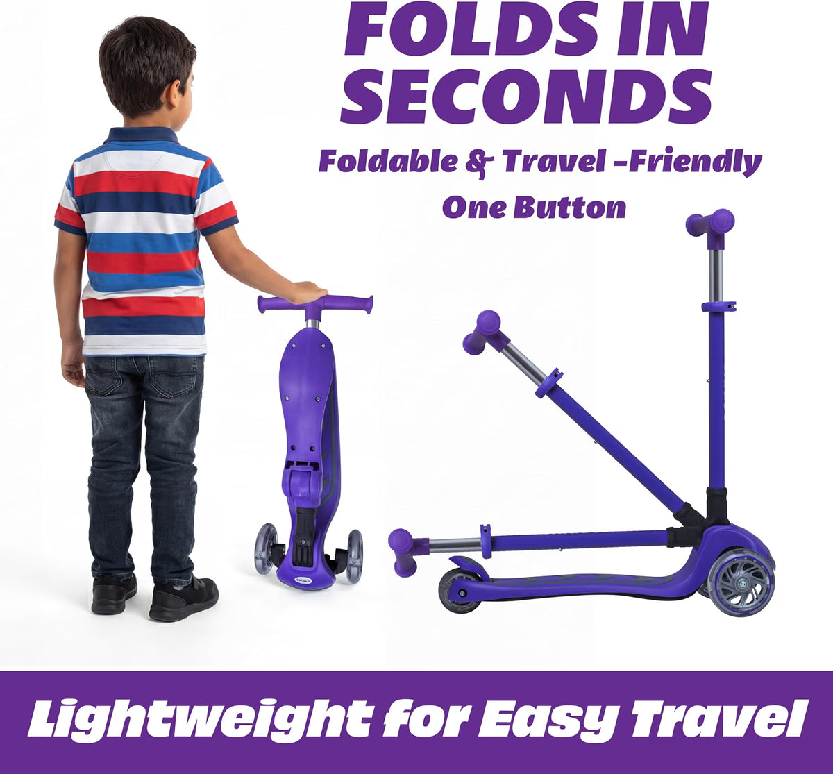 SKIDEE Kids 3-Wheel Scooter, Foldable, Adjustable Height, LED Wheels