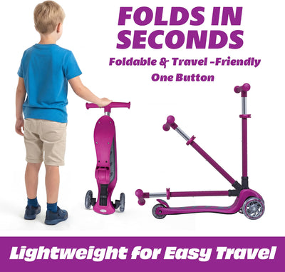 SKIDEE Kids 3-Wheel Scooter, Foldable, Adjustable Height, LED Wheels