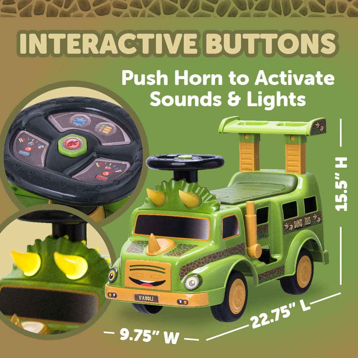 Waddle Dinosaur Ride-On Car for Toddlers 1-3, Dino Rig Transporter, Lights & Sound, 44lb Capacity
