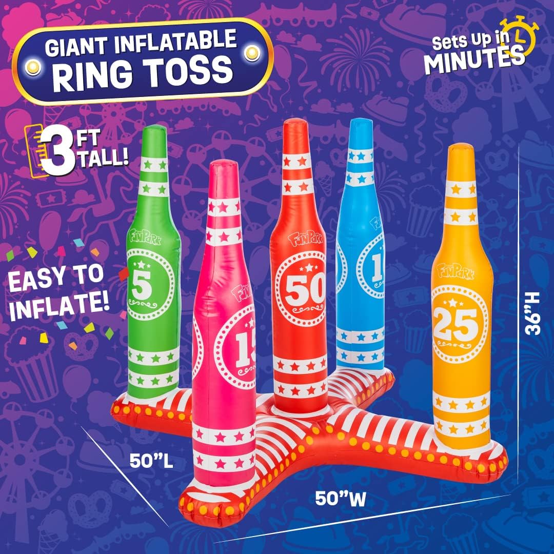 Flybar FunPark Inflatable Ring Toss Game for Kids & Family – Giant 3-Foot Outdoor Target with 5 Colorful Rings, Easy Setup – Portable Backyard Activity for Boys & Girls, Ages 6+