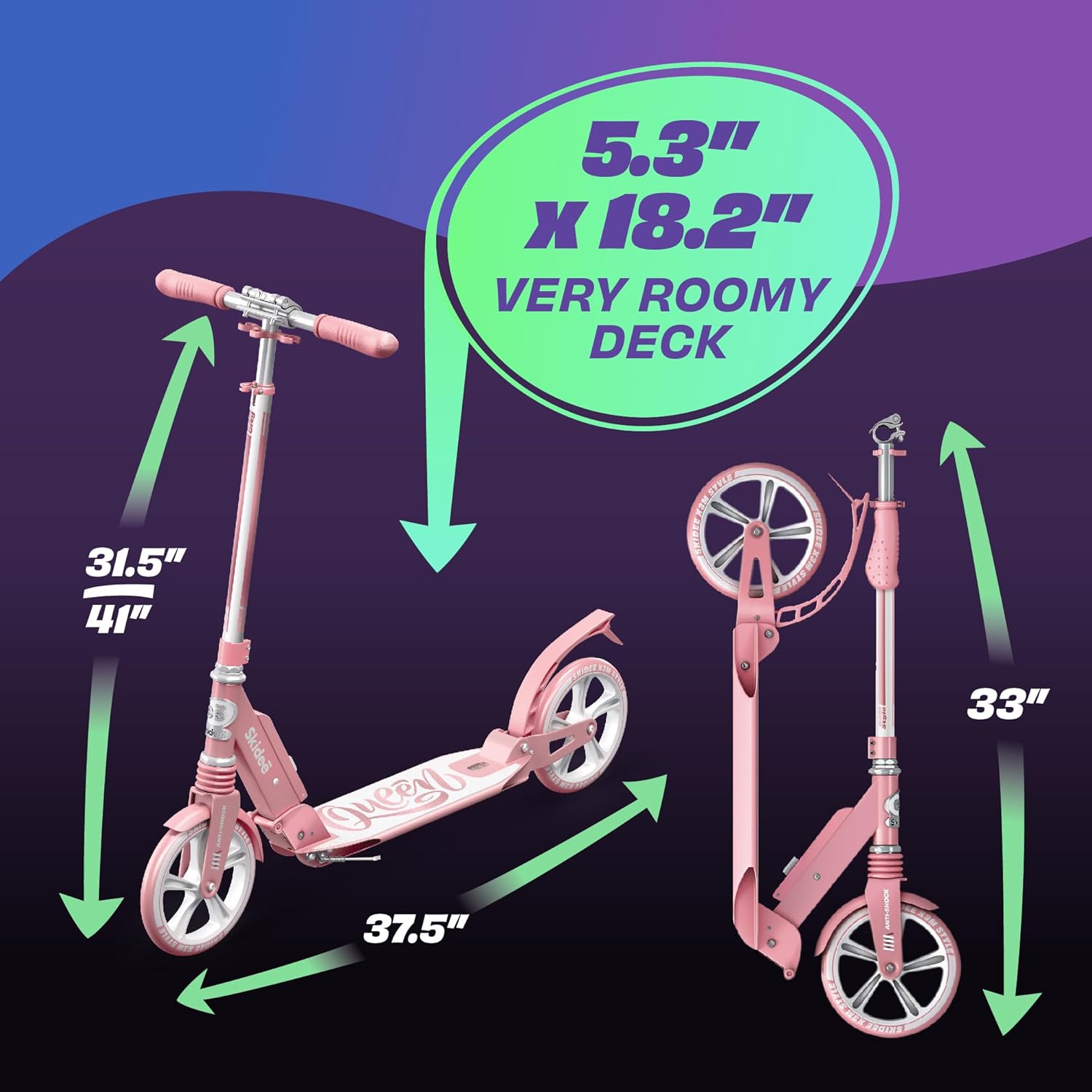 Skidee Adult & Teen Scooter Adjustable Height, Folding, Large Wheels, Lightweight, Durable, Anti-Shock Suspension, Up to 220 lbs