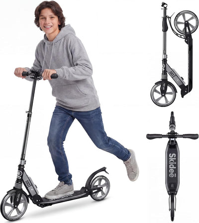 Skidee Adult & Teen Scooter Adjustable Height, Folding, Large Wheels, Lightweight, Durable, Anti-Shock Suspension, Up to 220 lbs