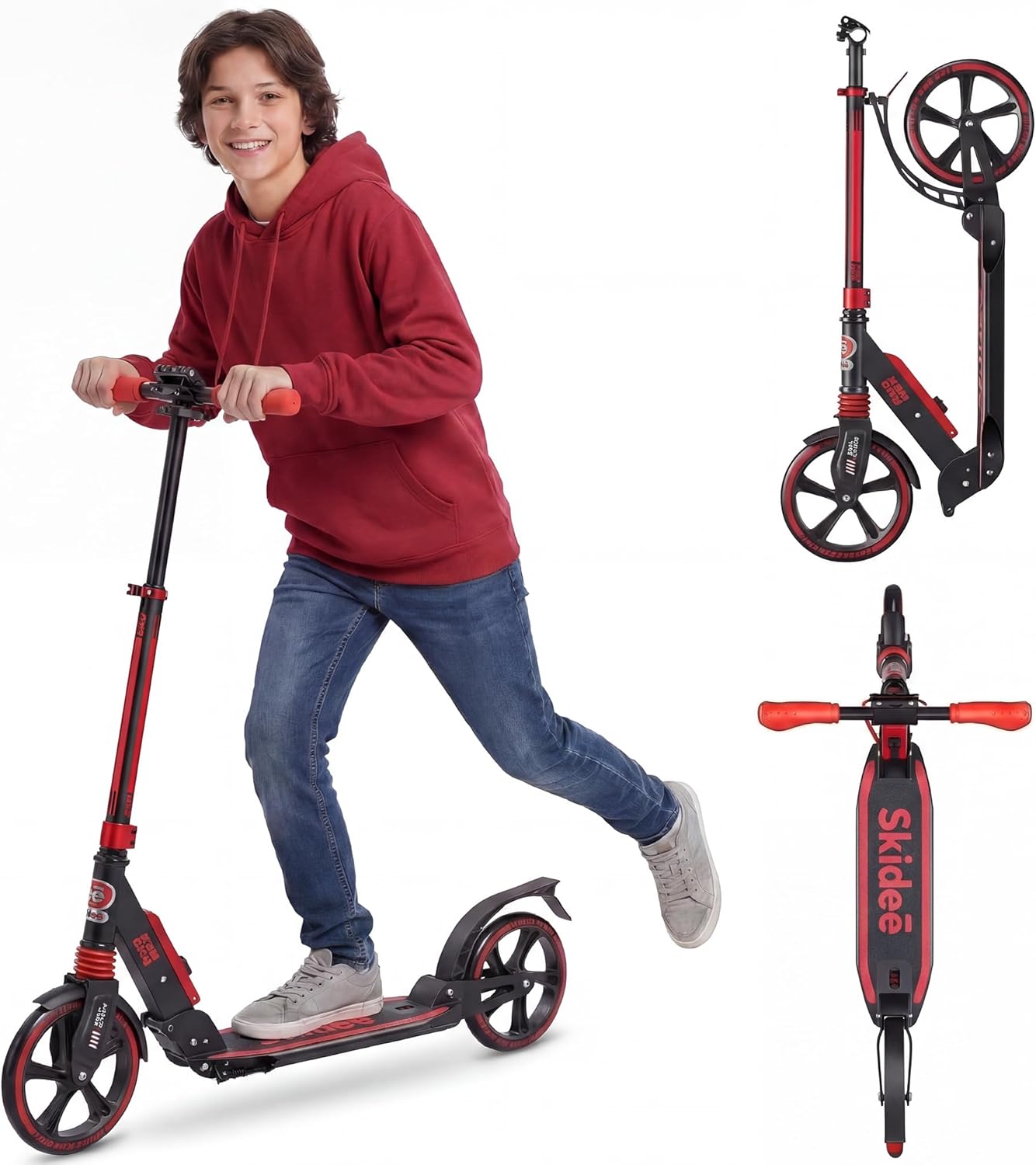 Skidee Adult & Teen Scooter Adjustable Height, Folding, Large Wheels, Lightweight, Durable, Anti-Shock Suspension, Up to 220 lbs