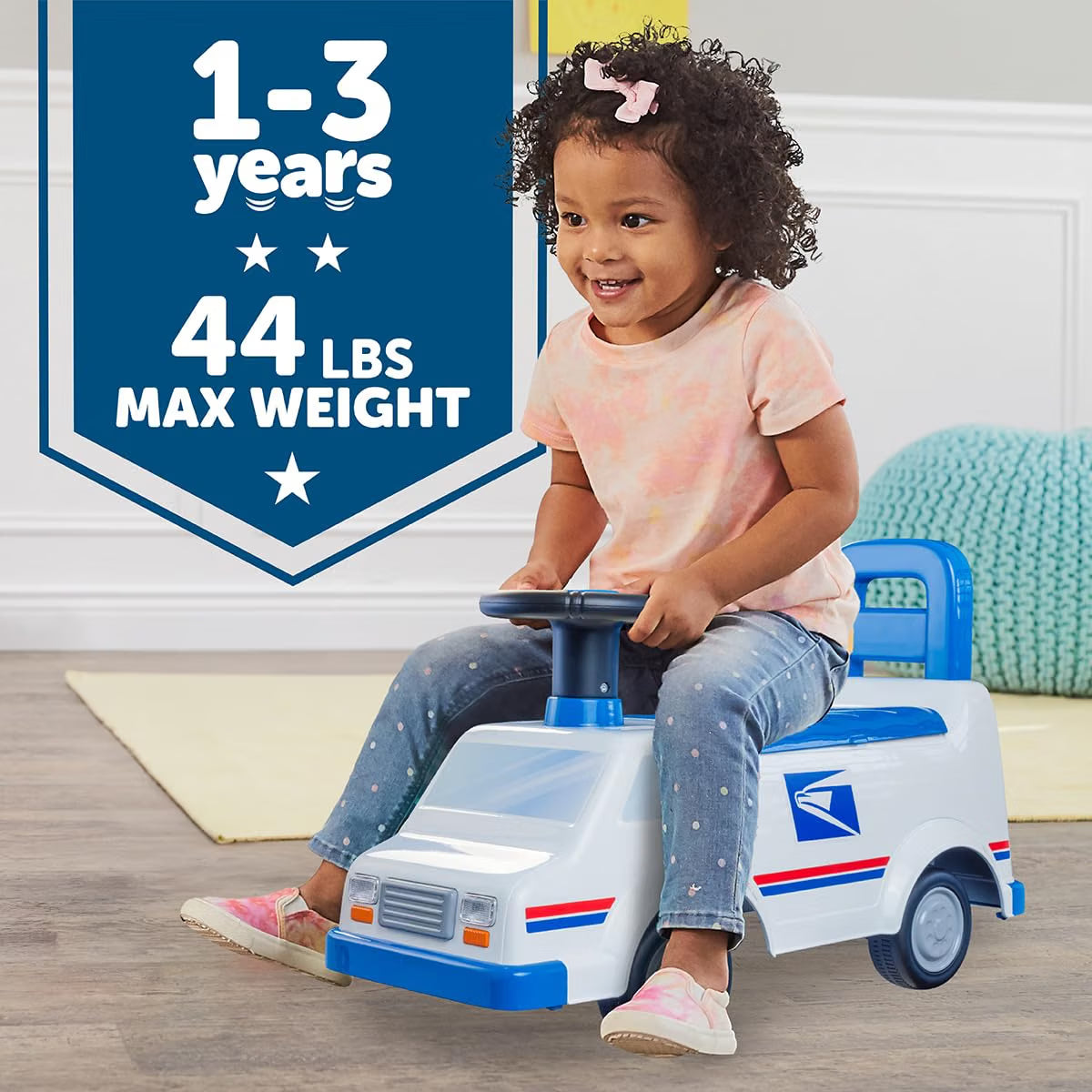 Waddle USPS Mail Truck Ride-On Toy, Lights & Sounds, 44lb Capacity