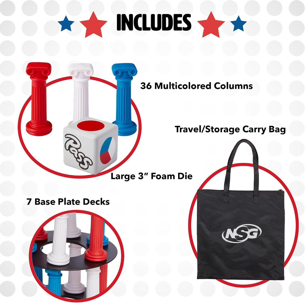 NSG Giant Tumbling Tower Game, 36 Pieces, Foam Dice & Storage Bag, Ages 5+